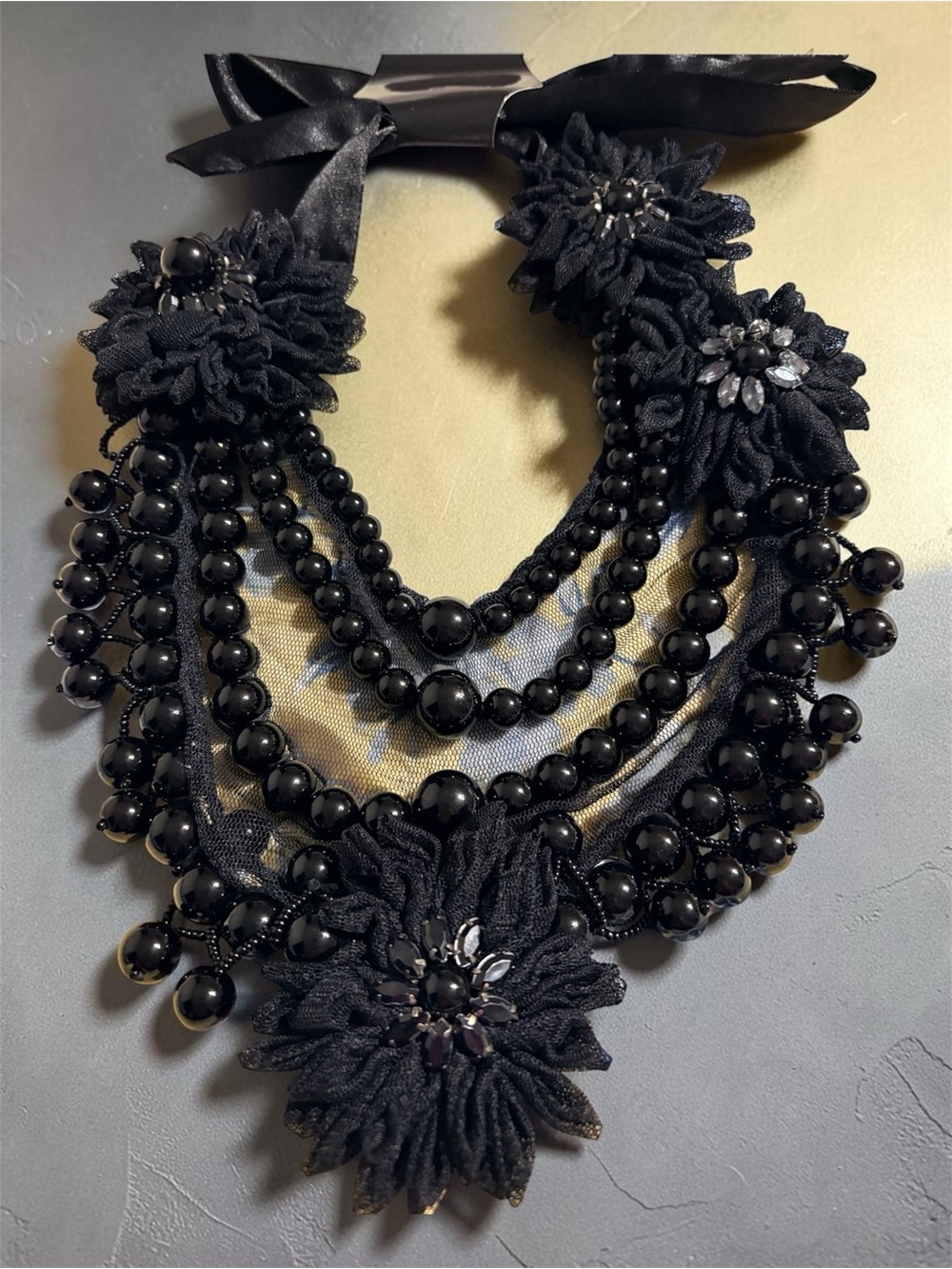 Chico's Black Multi-Strand Beaded Necklace with Fabric Flowers